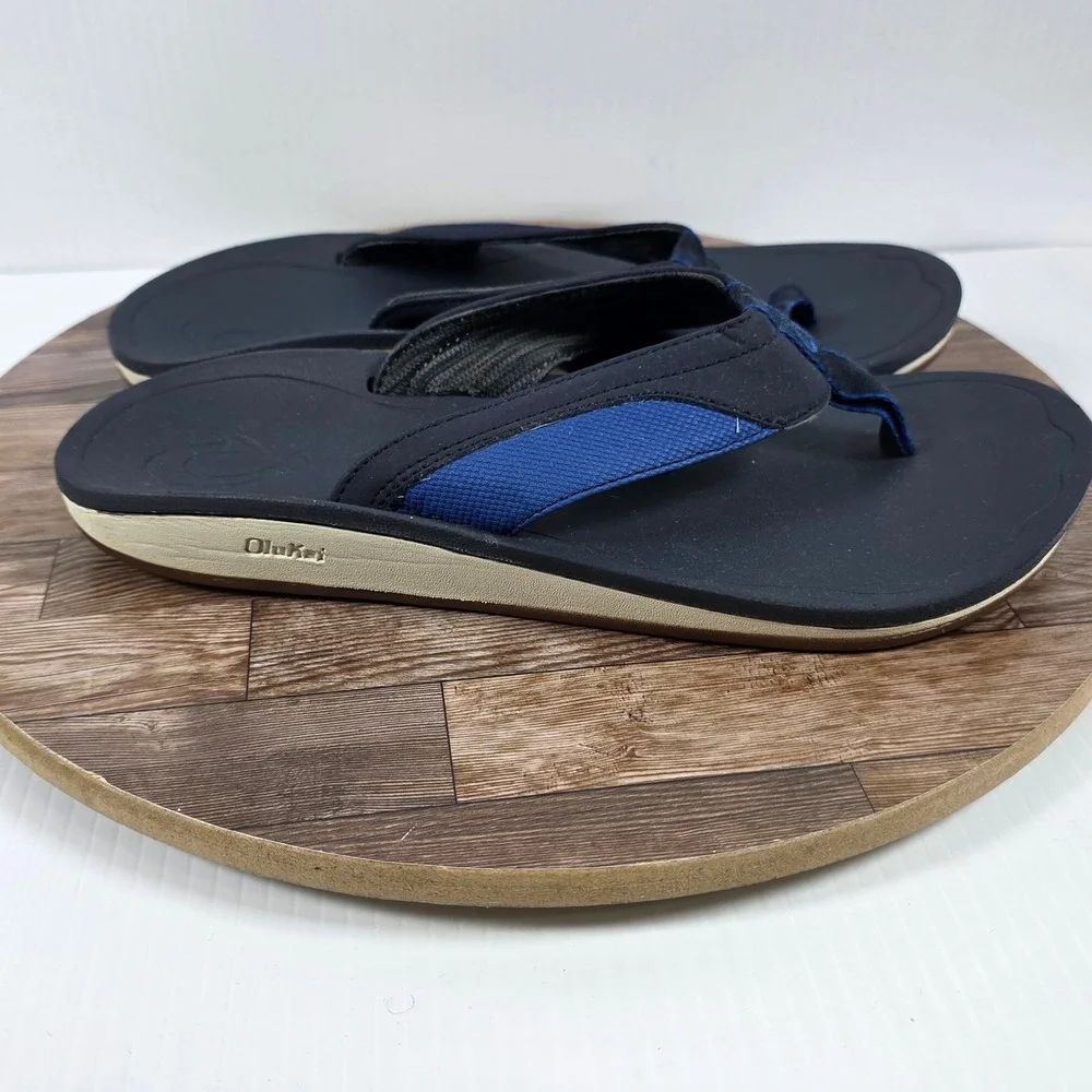 OluKai Nohona 10350-DEDE Mens US 8 Flip Flop Navy Leather Slip On Thong Sandals
